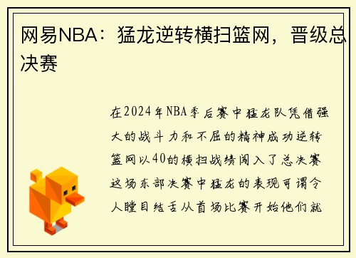 网易NBA：猛龙逆转横扫篮网，晋级总决赛
